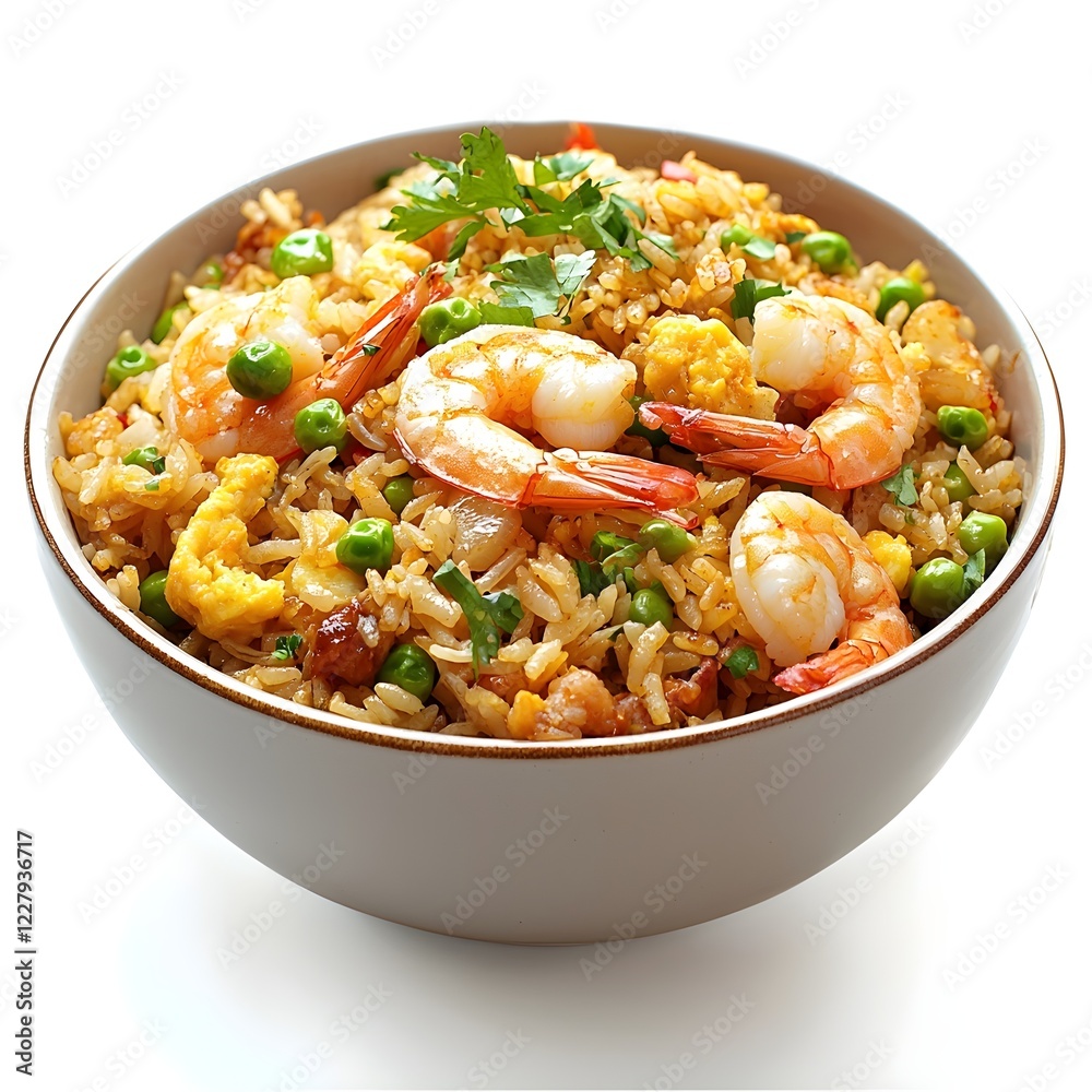 Studio shot of prawn fried rice in a bowl, no background Studio shot of prawn fried rice in a bowl, no background