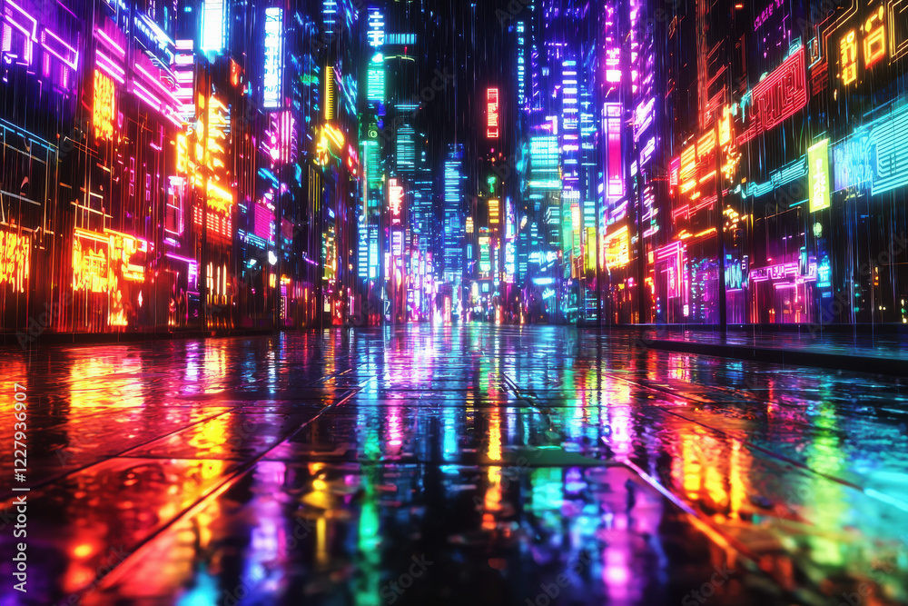 Futuristic cityscape illuminated by vibrant neon lights with reflections on rain-slicked streets during a lively nighttime setting