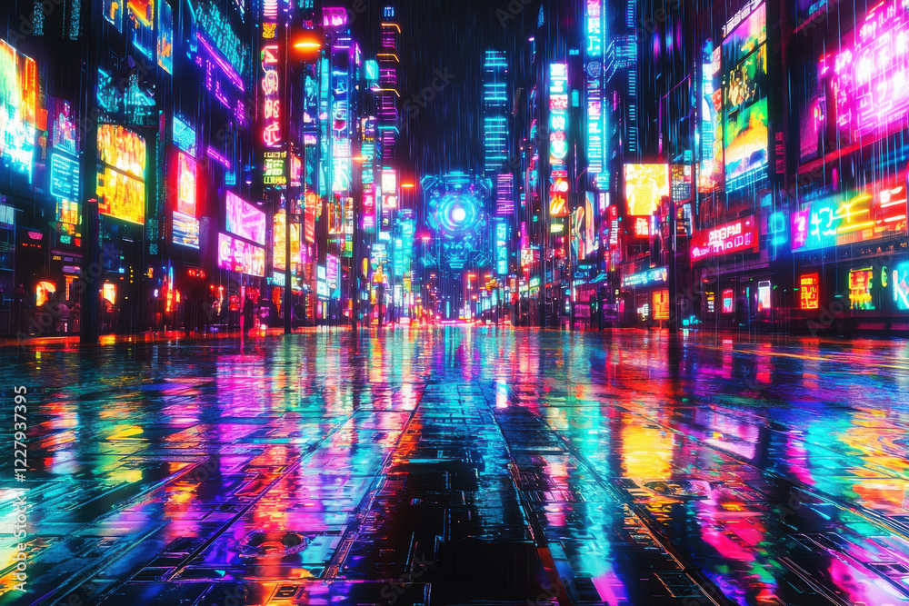 Futuristic cityscape illuminated by neon lights with reflections on wet streets creating a vibrant atmosphere at night Futuristic cityscape illuminated by neon lights with reflections on wet streets creating a vibrant atmosphere at night