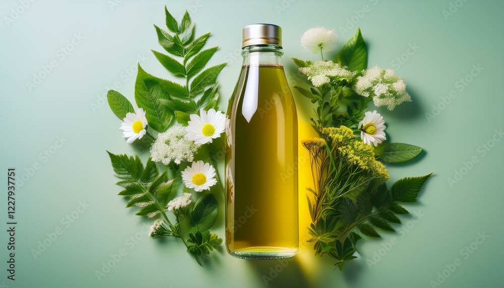 refreshing herbal drink in a clear bottle surrounded by fresh leaves and flowers on a bright background refreshing herbal drink in a clear bottle surrounded by fresh leaves and flowers on a bright background