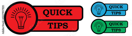Quick tips logo with light bulb. Top tips, helpful tricks, tooltip, advice and idea for business and advertising. Vector illustration.