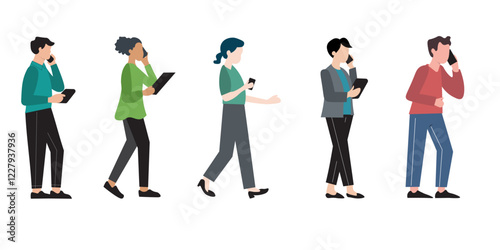 Flat illustration of five diverse individuals engaged in conversations on mobile phones and tablets.