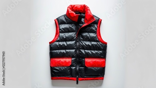 s a RED and black puffer vest. It is a sleeveless vest with a high collar and a zipper closure. The vest is made of a quilted material and has two pockets on the front. photo