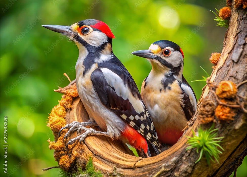 Fototapeta premium Great Spotted Woodpecker Couple at Nest - Wildlife Stock Photo