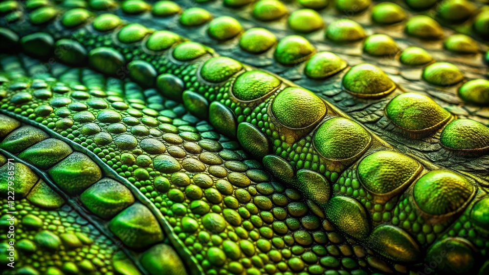 Obraz premium Green Alligator Skin Texture: Luxury Crocodile Leather Background with Bokeh
