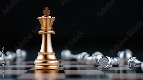 A golden chess piece rises above its silver adversaries, which lay defeated on a dark chessboard, evoking a sense of victory photo