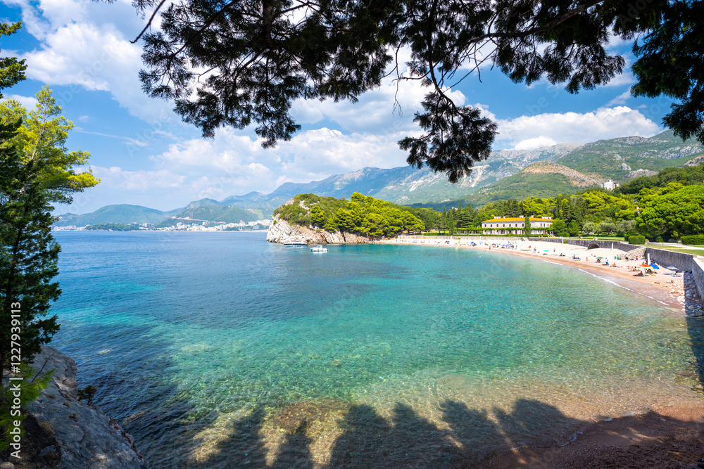 Milocer beach in Sveti Stefan on Budva riviera in Montenegro