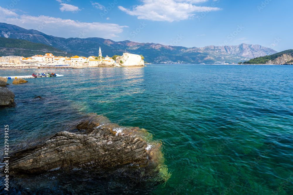 view on Budva old town with azure water of adriatic sea in Montenegro
