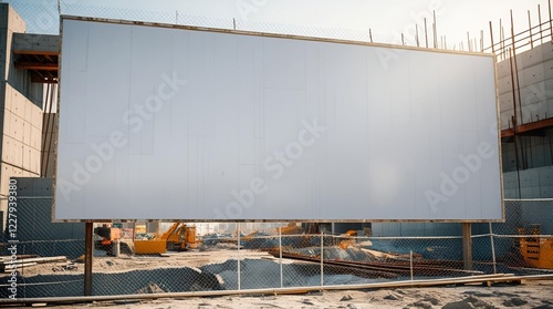 a simple white billboard on a temporary fence around a construction site, with empty space ready for future design or sponsor ads photo