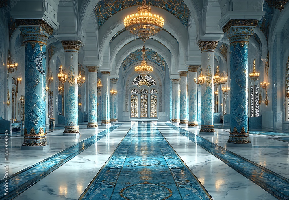 Obraz premium Ornate Mosque Interior with Blue Tiled Columns and an Elaborate Chandelier