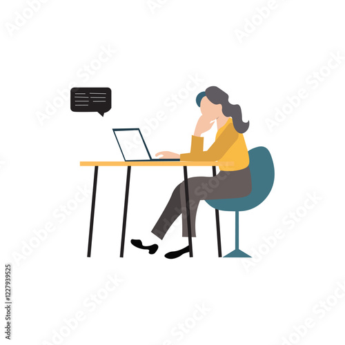 A stylized illustration of a woman sitting at a desk, working on a laptop.