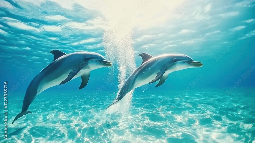 Fototapeta premium Two dolphins swimming underwater in clear ocean water, sunlight shining above.