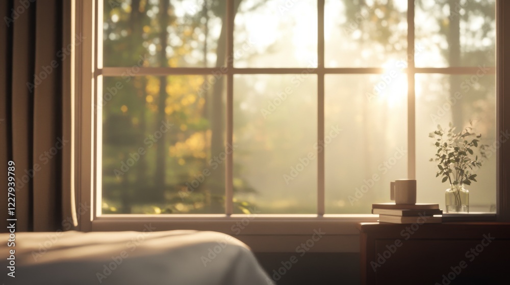 Fototapeta premium Sunlit bedroom with window view of autumn trees.