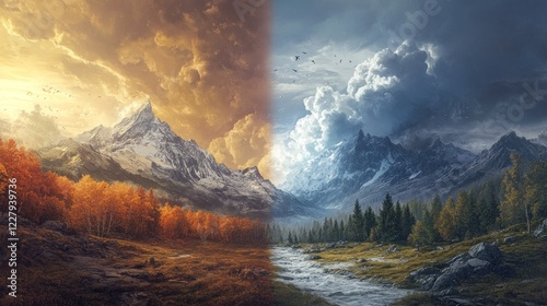 Dualistic Landscape: A Majestic Mountain Range Split by Two Contrasting Skies photo