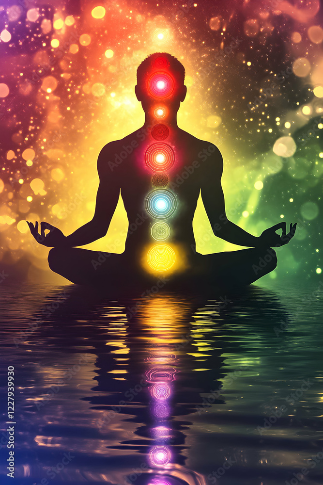 Meditation practice with colorful chakras in a serene environment reflecting on water