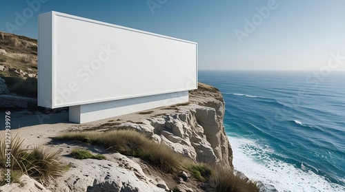 a large white billboard positioned on a cliff edge overlooking the ocean. the open horizon provides a minimalist backdrop, emphasizing the clean white space of the billboard photo