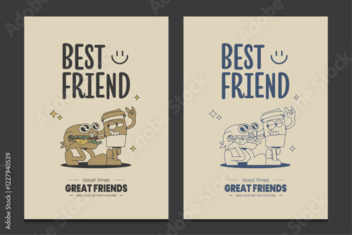 retro burger and coffee cup poster with funny cartoon characters, vector illustration