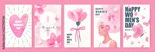 Set of beautiful cute cards for International Women's Day on March 8. Collection of cards with watercolor design elements. Watercolor flowers, heart, butterflies, beautiful woman with pink hair