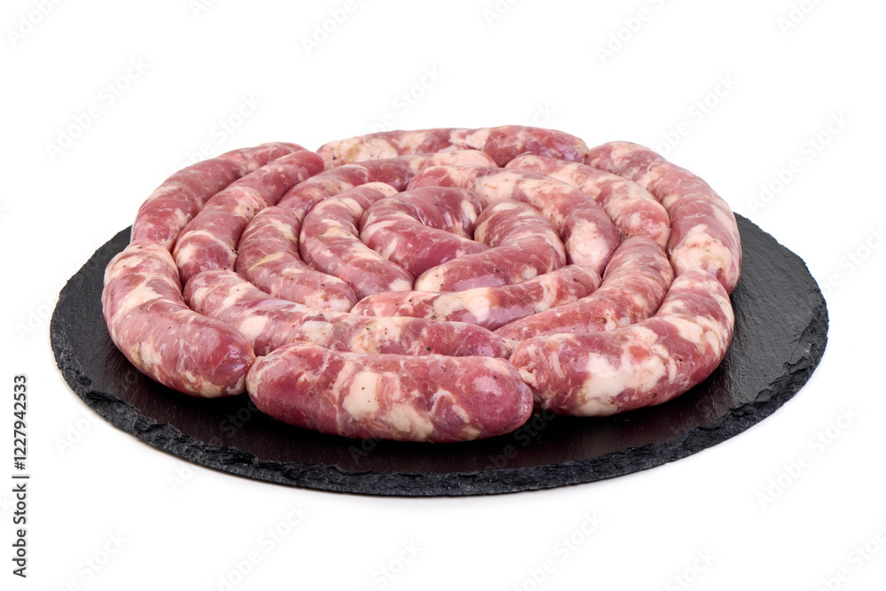 Obraz premium Raw Chopped Meat Sausages Isolated on White Background.