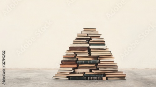 A pyramid of stacked books on a floor against a plain wall.