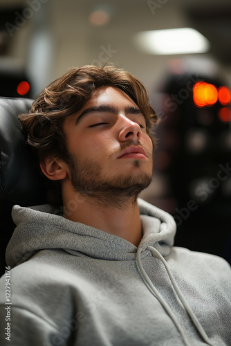 Photo of a young man in a grey hoodie relaxing on a massage chair. He is sleeping or resting his head on the armrests.