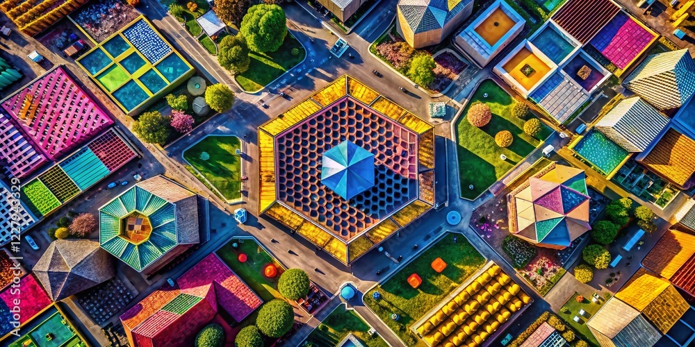 Obraz premium Halftone Geometric Shapes Drone Aerial Photography: Square, Circle, Triangle, Hexagon