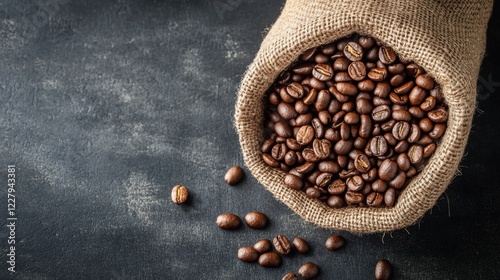 A burlap sack filled with freshly roasted coffee beans spilling onto a rustic dark surface, showcasing the rich texture and natural color of the beans photo