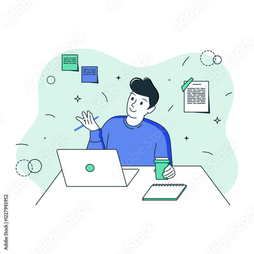 Man with dark hair drinks coffee, holds a pen and communicates on a computer, notes on the wall, a flat illustration, business situation