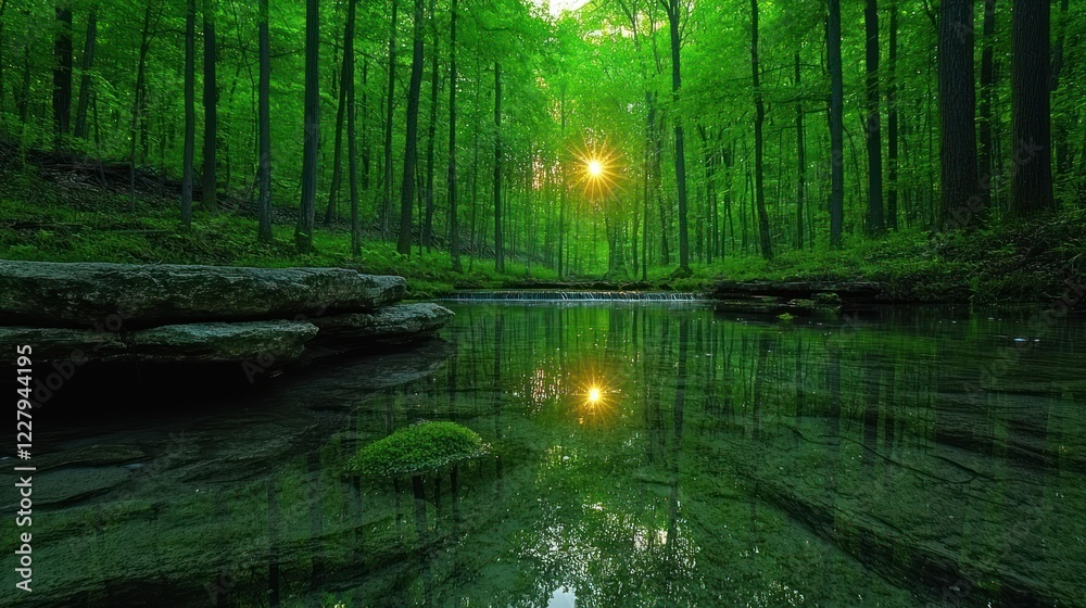 Obraz premium Serene Sunset Over Forest Stream And Rocks