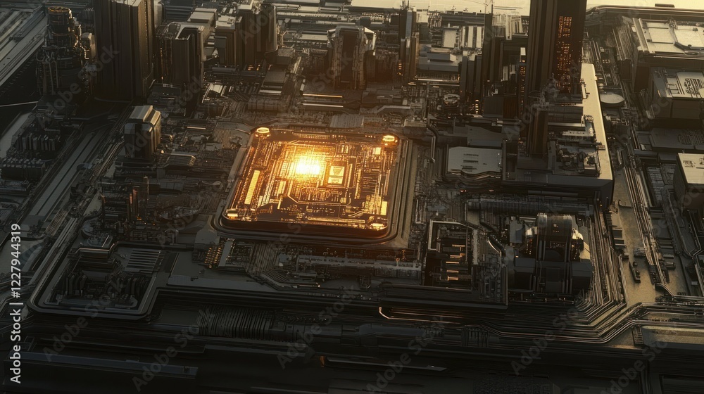 Futuristic city integrated circuit board with glowing central processor. Futuristic city integrated circuit board with glowing central processor.