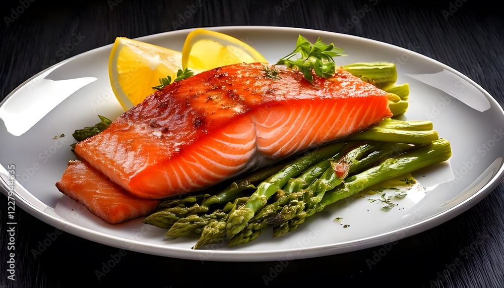 a perfectly seared salmon fillet with a crispy skin, served with roasted asparagus spears and a squeeze of lemon a perfectly seared salmon fillet with a crispy skin, served with roasted asparagus spears and a squeeze of lemon