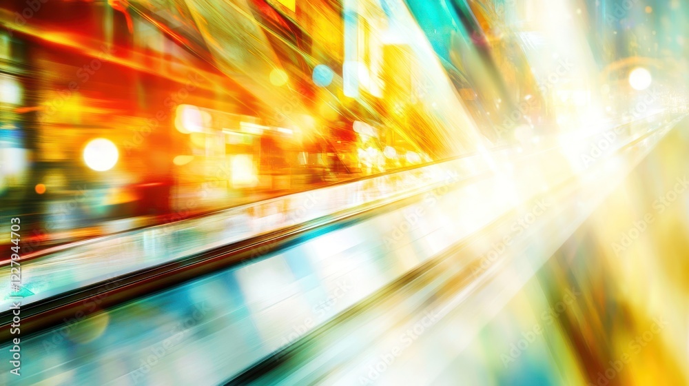 Abstract motion blur of escalator with vibrant city lights at night. Abstract motion blur of escalator with vibrant city lights at night.