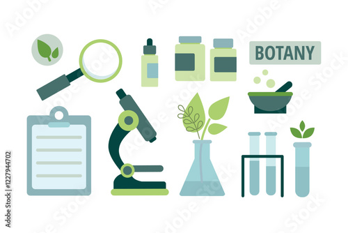 Science set objects isolated on white background. Chemical laboratory glassware, microscope and magnifying glass