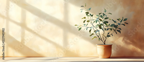 Plant in pot, sunlit room, window shadows, home decor