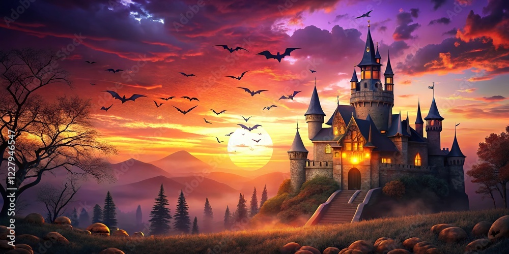 Naklejka premium Happy Halloween: Haunted Castle Drone Shot, Bats, Orange Purple Sky, Greeting Card