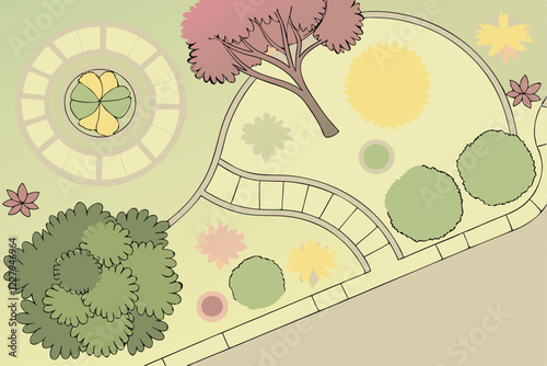 Top-down view, collection of plants, colorful trees, bushes, shrubs, garden design elements, landscape architecture symbols, aerial perspective, vibrant colors, green, yellow, pink, watercolor style, 