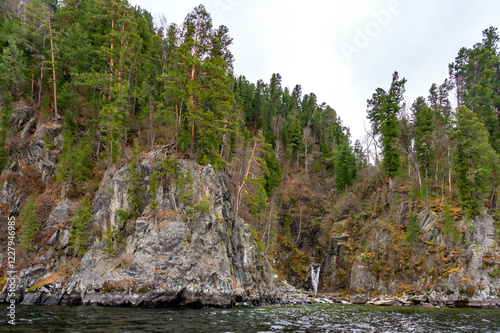 Waterfall  Kishte at the Teletskoye lake in autumn, Altai, Siberia, Russia, October photo