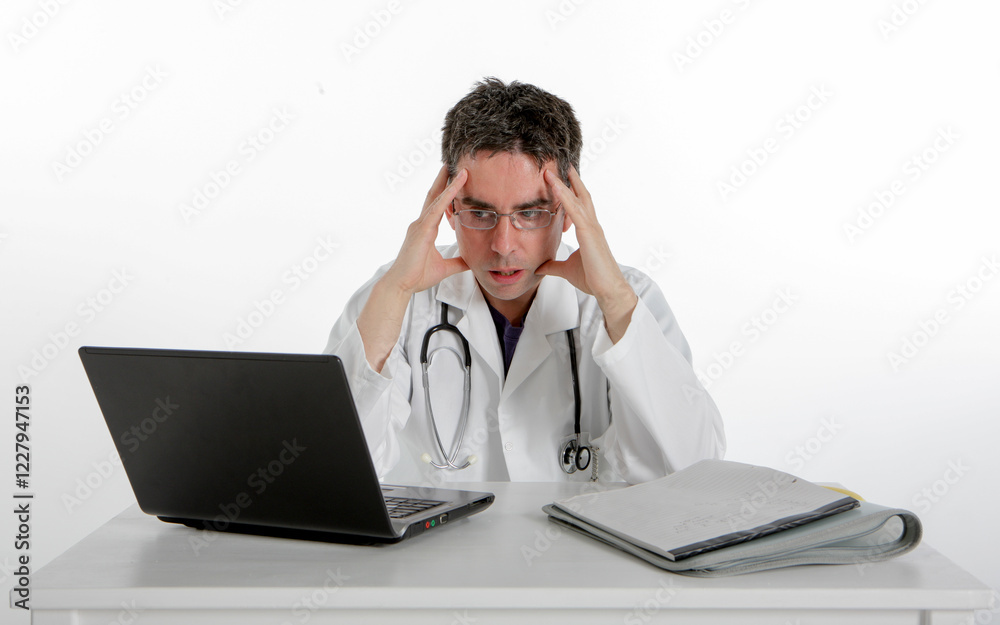 Medical Admin: Frustrated Doctor. A doctor sitting at his desk looking at his computer with his head in his hands, isolated on white. Medical Admin: Frustrated Doctor. A doctor sitting at his desk looking at his computer with his head in his hands, isolated on white.