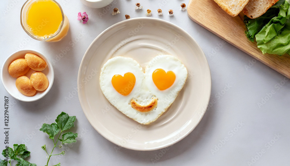 Heart-shaped fried eggs forming a smiling face on a breakfast plate Heart-shaped fried eggs forming a smiling face on a breakfast plate