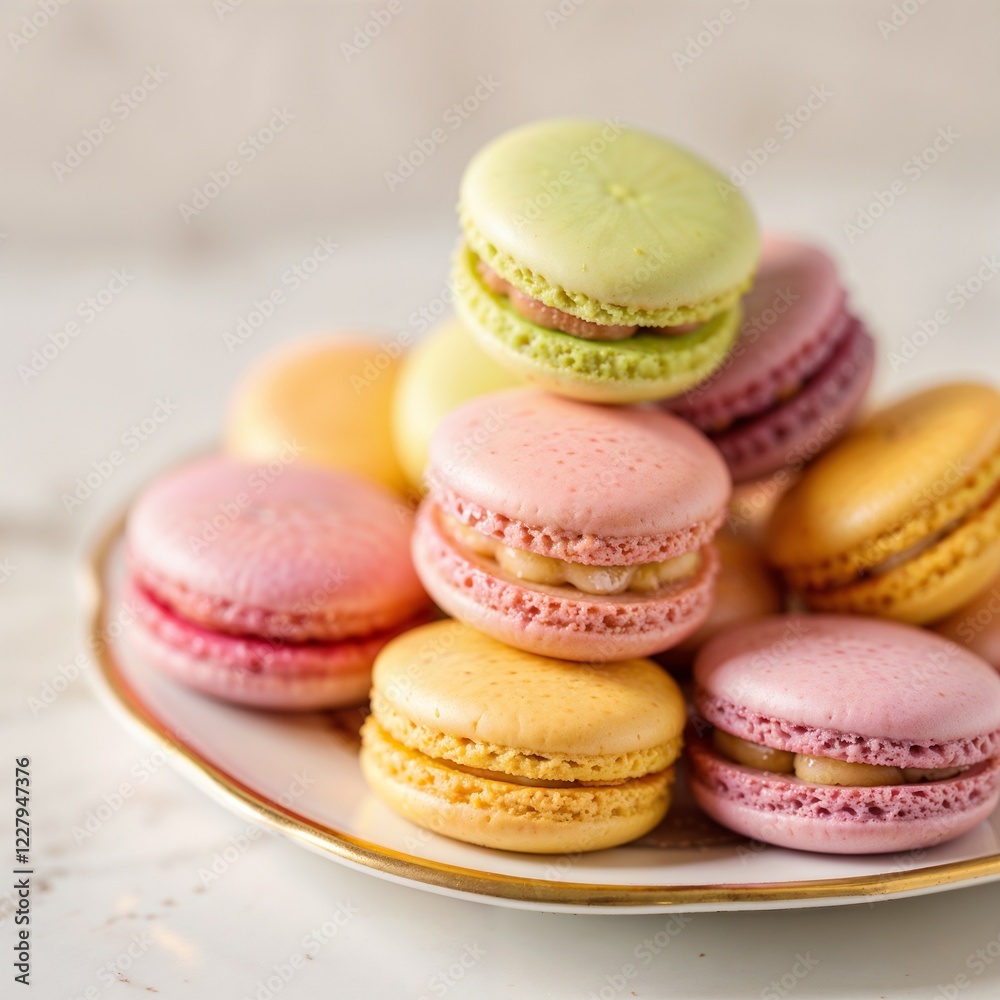 Colorful Macarons in Pastel Shades with Delicate Cream Filling on White Plate with Copy Space Colorful Macarons in Pastel Shades with Delicate Cream Filling on White Plate with Copy Space