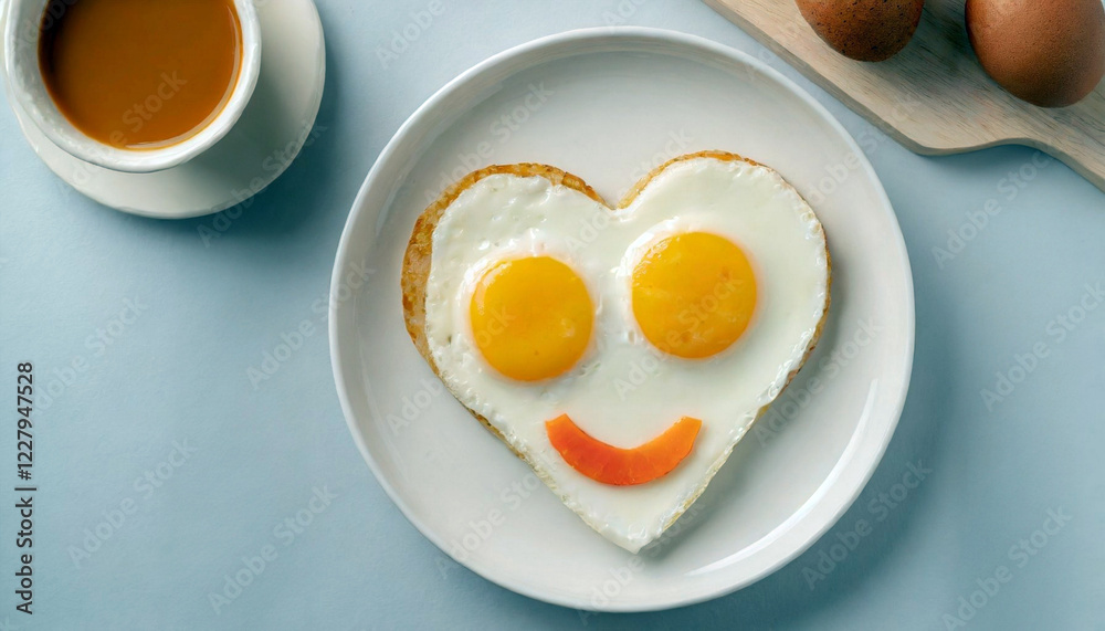 Heart-shaped fried eggs forming a smiling face on a breakfast plate Heart-shaped fried eggs forming a smiling face on a breakfast plate