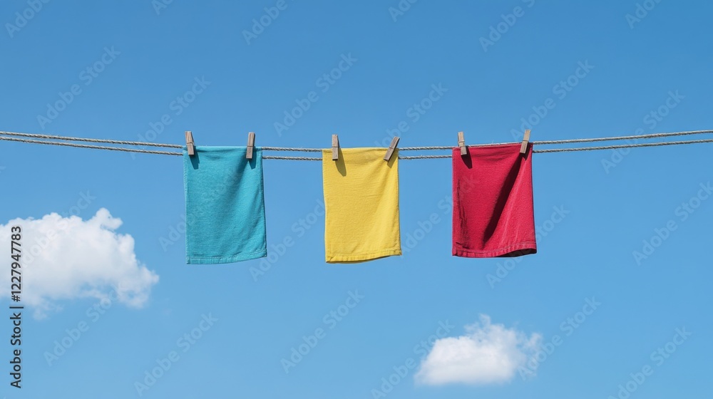 Three colorful clothes hanging on a clothesline against a blue sky. Three colorful clothes hanging on a clothesline against a blue sky.