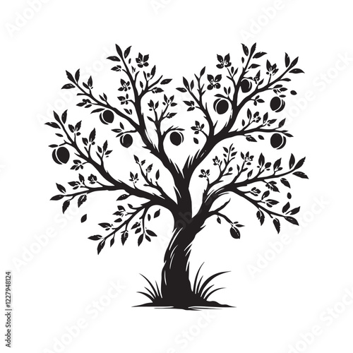 Peach Tree silhouette featuring a strong trunk and wide leaves - Peach tree silhouette - Peach tree vector - Peach tree illustration - Peach silhouette - Peach vector
