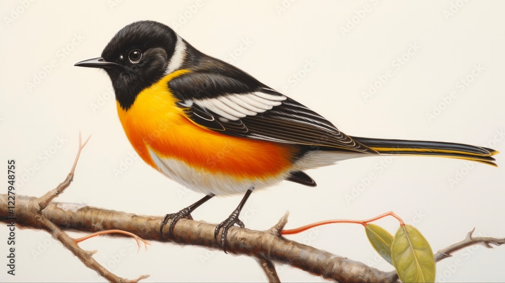 Fototapeta premium North American Redstart (Setophaga ruticilla) in Wild Nature Outdoors - On the Hunt for Insects