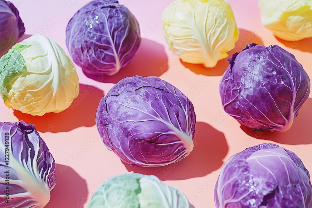 Fototapeta premium Purple cabbage and other vibrant vegetables arranged artistically for a photo shoot.