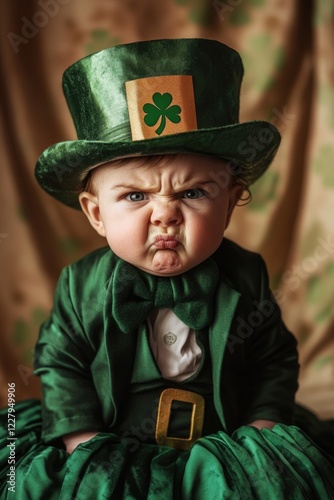 A baby dressed as a leprechaun for St Patrick's Day, expressing displeasure with a funny face.