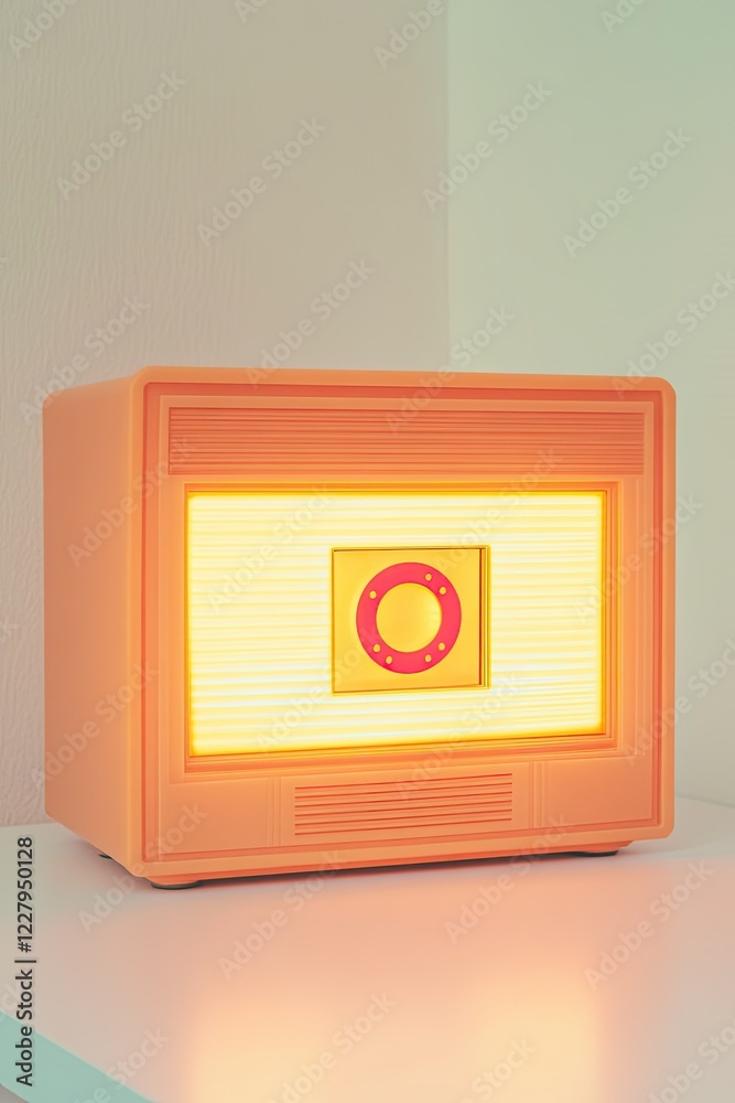 close-up of nostalgic boombox with bold lines and glowing cassette tape window resting on clean white desk under soft close-up of nostalgic boombox with bold lines and glowing cassette tape window resting on clean white desk under soft