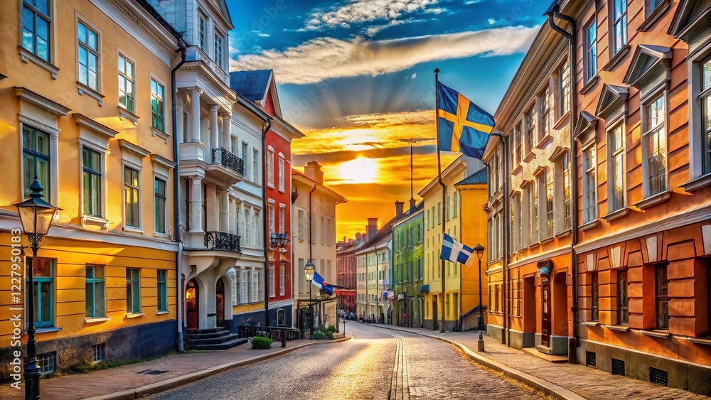 Fototapeta premium Helsinki Colorful Buildings Finnish Flags Street Photography