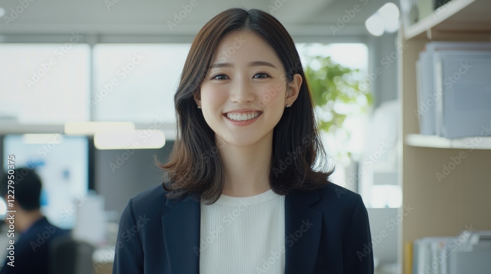 Smiling, happy Asian businesswoman in professional office attire, ready to engage with colleagues or clients. Smiling, happy Asian businesswoman in professional office attire, ready to engage with colleagues or clients.