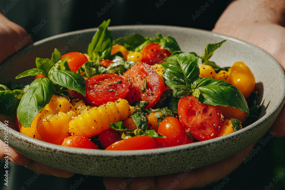 A person is holding a bowl of food that is full of tomatoes and basil A person is holding a bowl of food that is full of tomatoes and basil